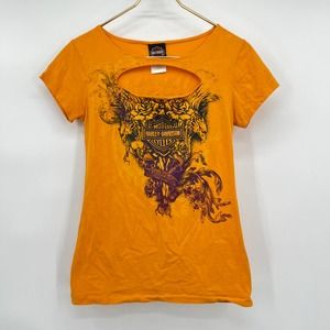 Harley Davidson Women's Orange Pikes Peak Cutout Short Sleeve Tee Size S